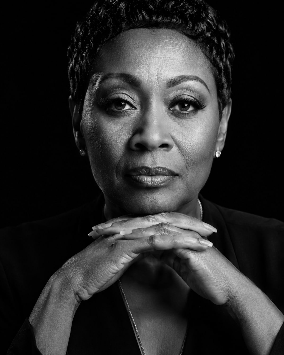 Black-and-white portrait of a woman, hands beneath her chin, eyes steady against a black field.